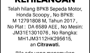 BPKB Sepeda Motor Honda Scoopy Milik Warga Banjarbaru Dilaporkan Hilang