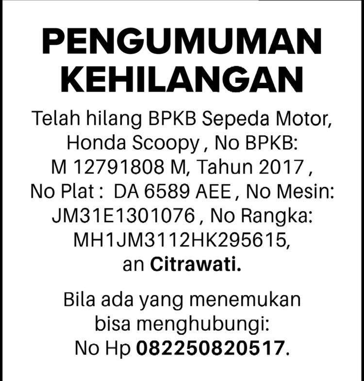 BPKB Sepeda Motor Honda Scoopy Milik Warga Banjarbaru Dilaporkan Hilang